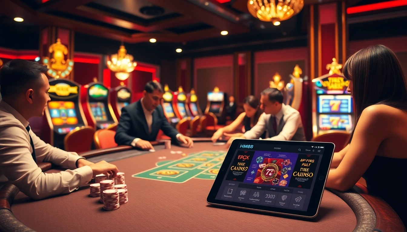 Players enjoying poker and slots at HM88, showcasing excitement and luxury in online gambling.