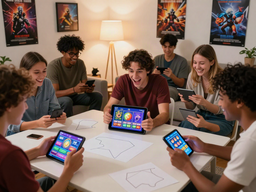 A diverse group enjoying gaming activities with akunjp in a cozy living room.