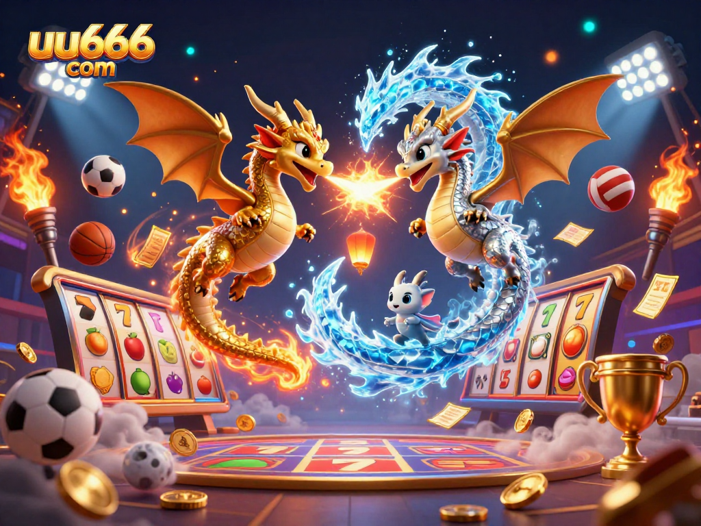 Experience thrilling gameplay at uu666 com with animated dragons, slot reels, and dynamic sports betting elements.