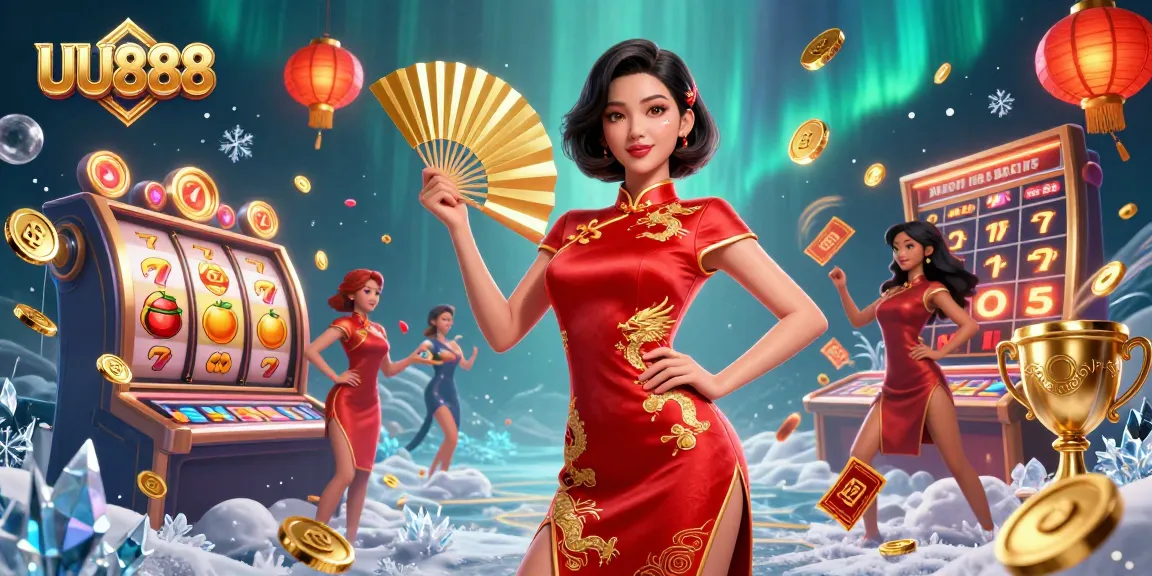 Engage in thrilling gaming at UU888 with vibrant slot reels and golden coin cascades.