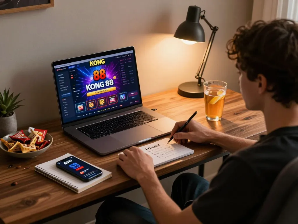 KONG 88 online casino gameplay on laptop with engaging gaming interface and responsible gaming setup.
