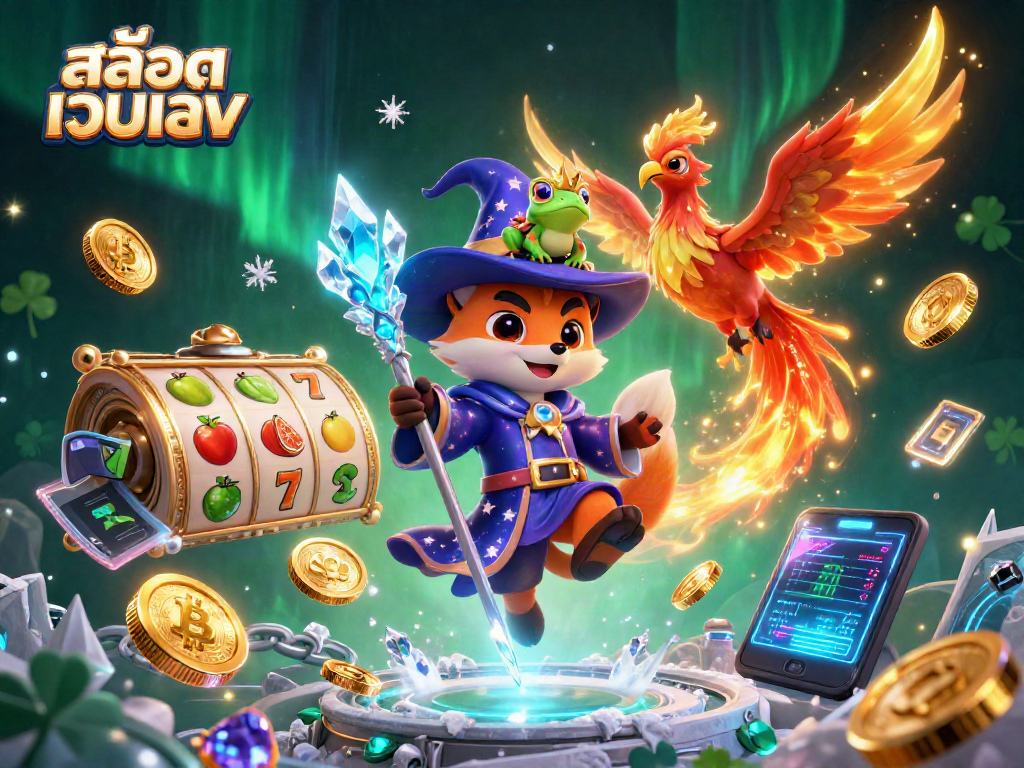 Engage with สล็อตเว็บตรง featuring a magical wizard fox, fiery phoenix, and vibrant slot symbols.