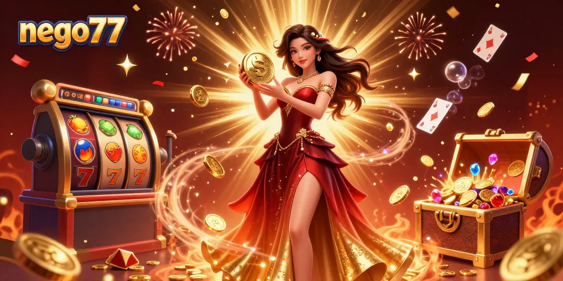 Engage with exciting games at nego77; stunning casino scene with gold coins and slot elements.