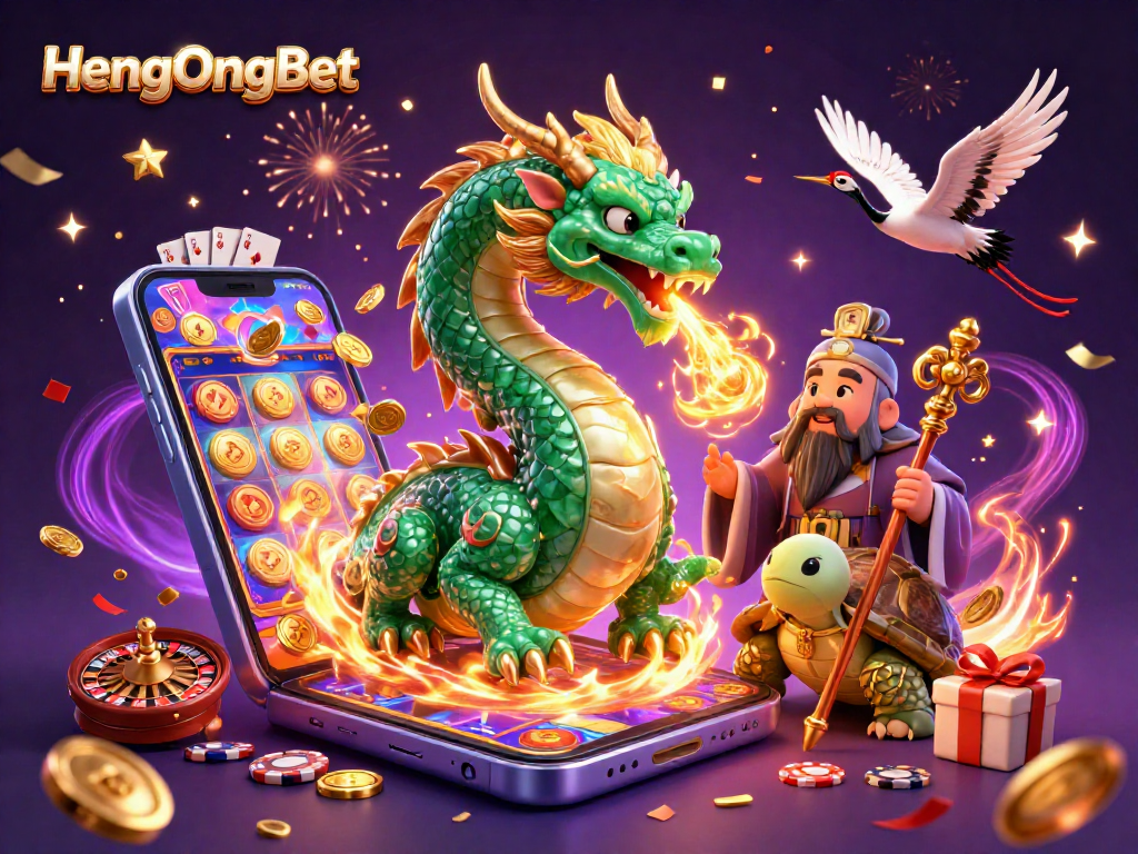 Experience the excitement of HengOngBet with vibrant dragons and lucky symbols in a dynamic casino scene.