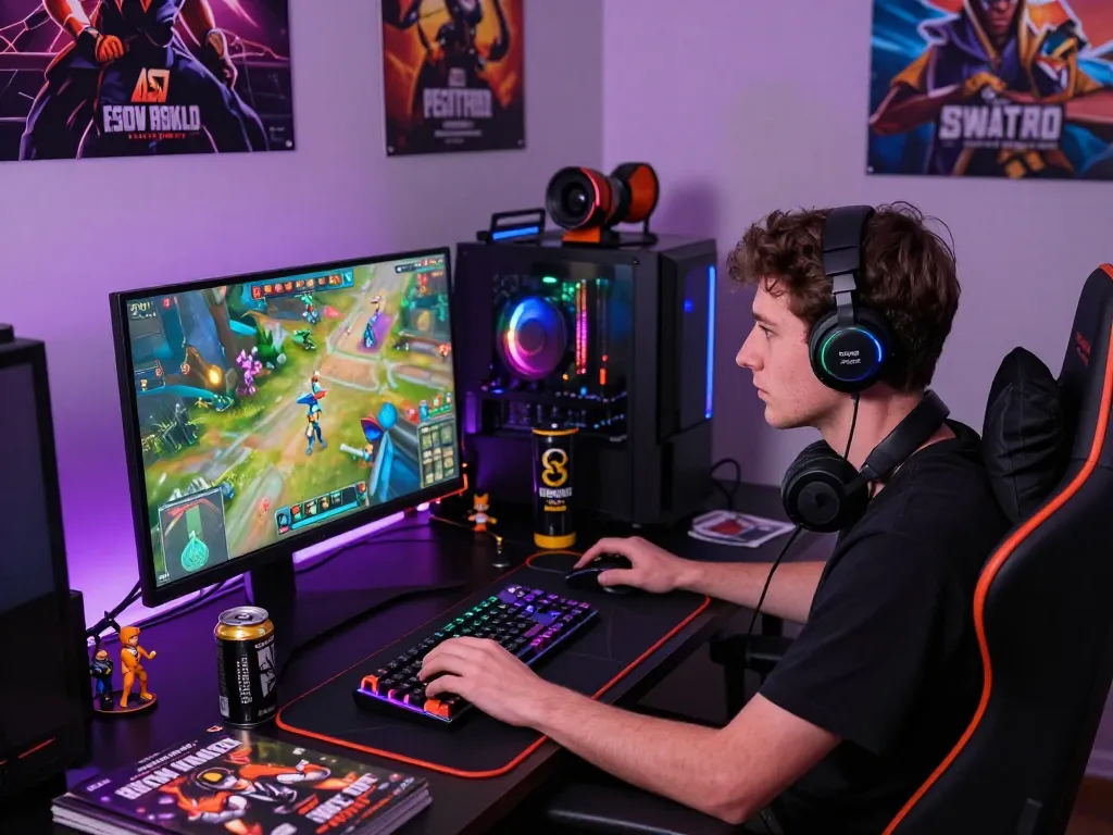 Thrilling adult game gaming setup with focused player and vibrant lighting.
