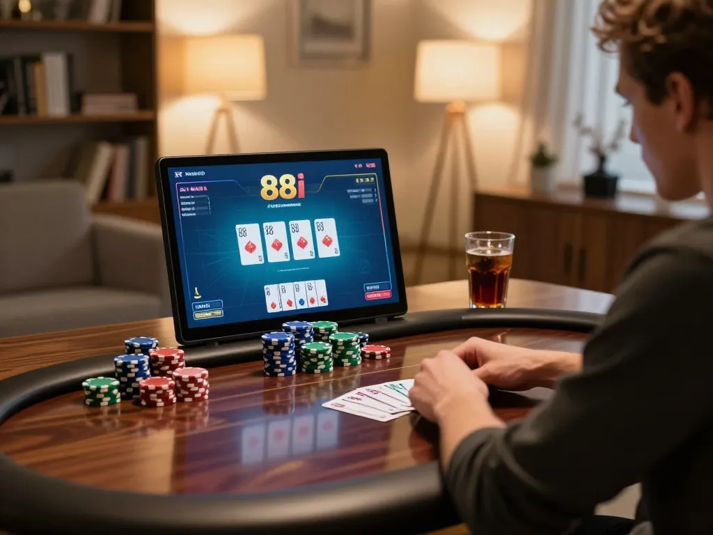 Experience the thrill of playing game 88i online poker in a cozy home setting with focused gameplay and engaging atmosphere.