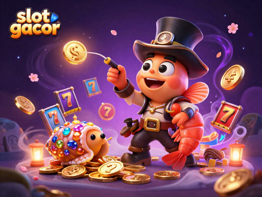 Permainan slot gacor dengan makhluk laut menarik koin emas dan simbol keberuntungan di latar yang kaya.