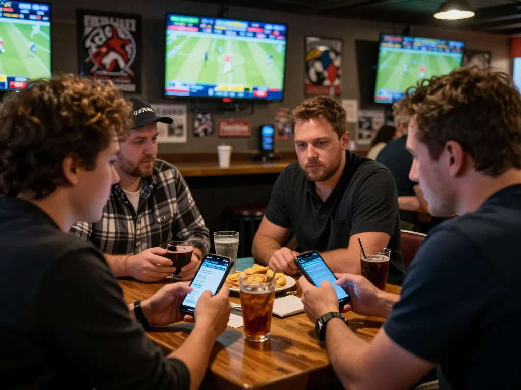 Patrons engaged in sports betting, using a smartphone to place bets while enjoying the game, showcasing keo nha cai action in a lively sports bar.