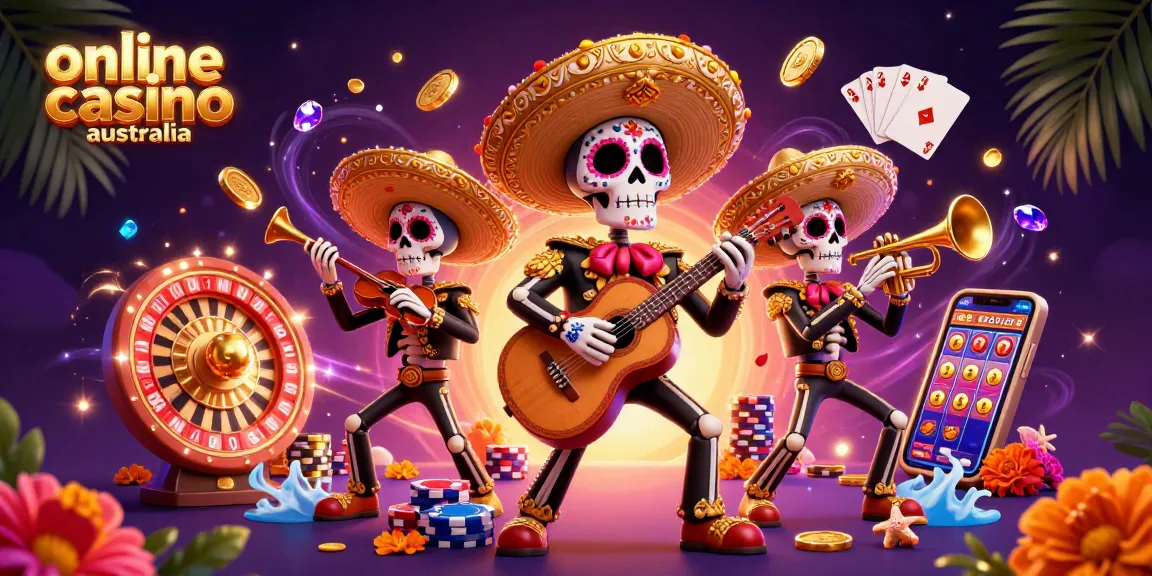 Experience the excitement at online casino australia with vibrant skeleton mariachi band celebrating gaming.