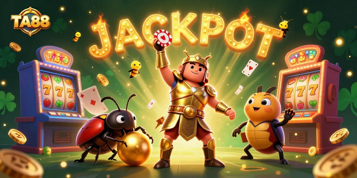 TA88 jackpot celebration illustration with a victorious beetle and vibrant casino elements