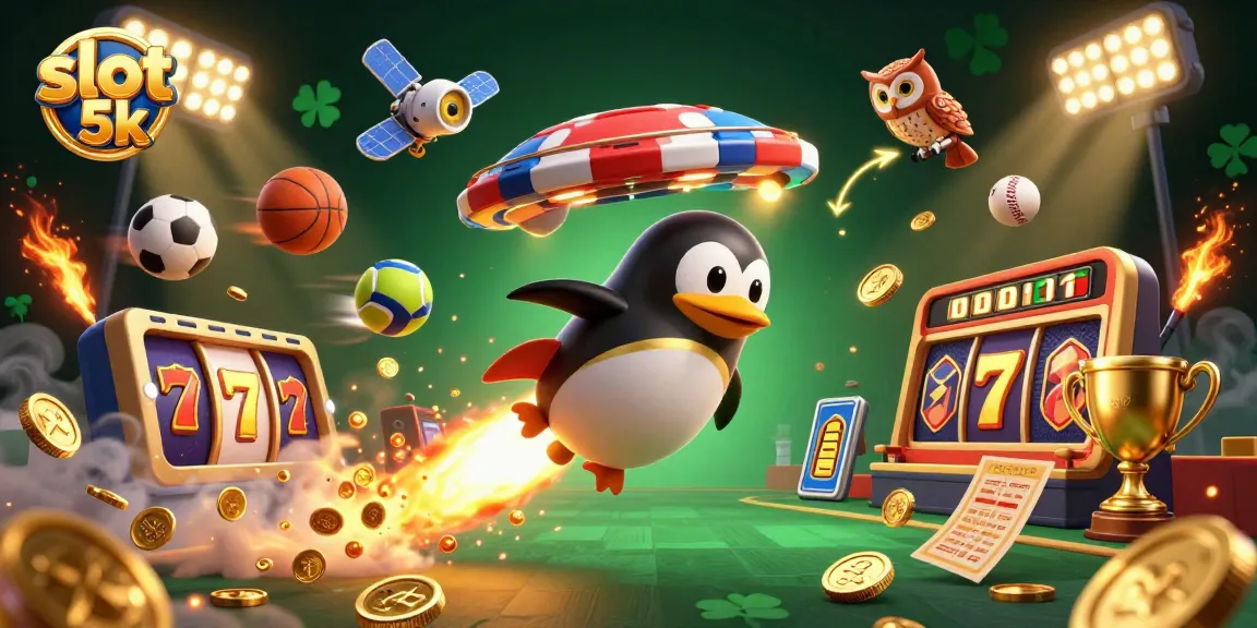 Experience the thrill of slot 5k with a golden penguin soaring past a poker chip casino.