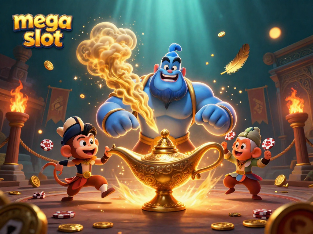 Experience mega slot excitement through a vibrant 3D casino illustration with a genie and monkey.