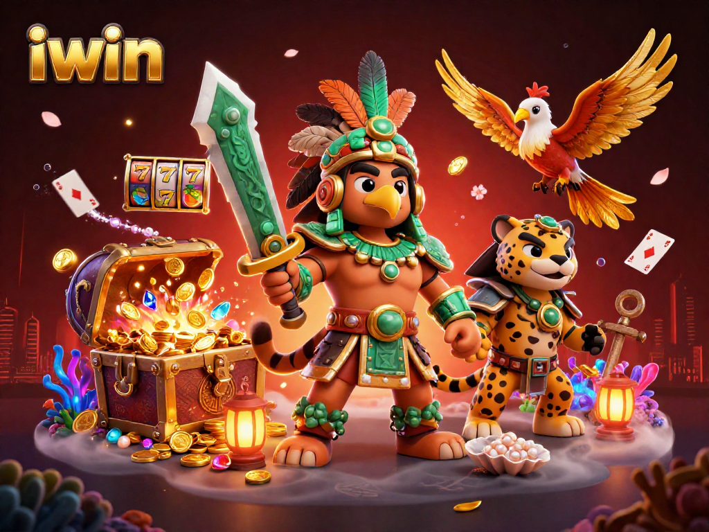 Experience thrilling wins with iwin's vibrant casino scene featuring Aztec warriors and slot reels.