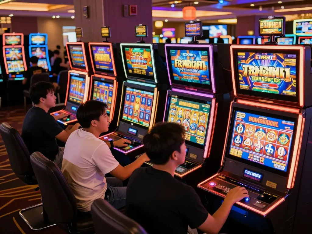 Players engaging with situs slot gacor slot machines in a vibrant casino, excitement visible as they spin for chances to win.