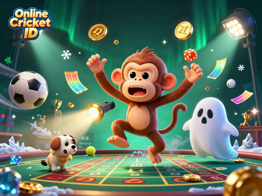 Engage in thrilling action with a vibrant illustration showcasing an Online Cricket ID, featuring characters in a dynamic casino setting.