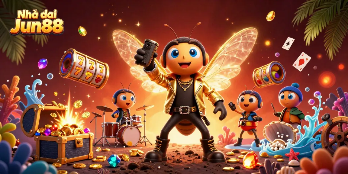 Experience excitement with Nhà cái Jun88 as a rock star and vibrant gaming elements burst forth in a dynamic 3D scene.