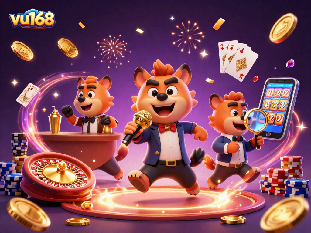 Experience the excitement of vu168 casino with lively hyena characters presenting a vibrant gaming scene!