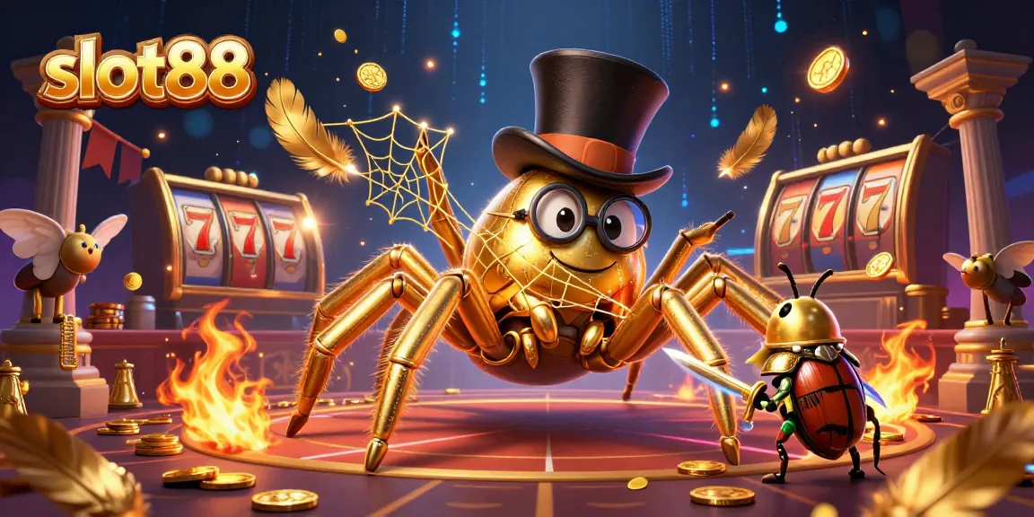 Bermain slot88 dengan simbol keberuntungan, tarantula emas flamboyan, dan koin yang bersinar.