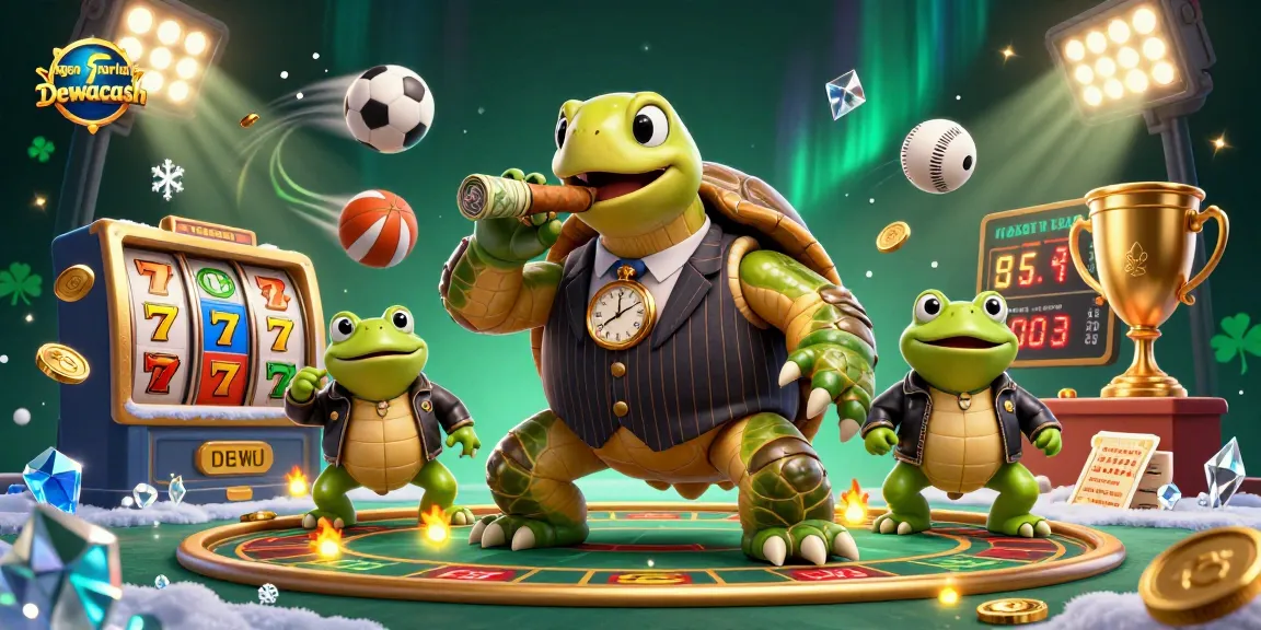Agen Parlay Dewacash showcases a thrilling gambling scene with a turtle mobster and sports elements.