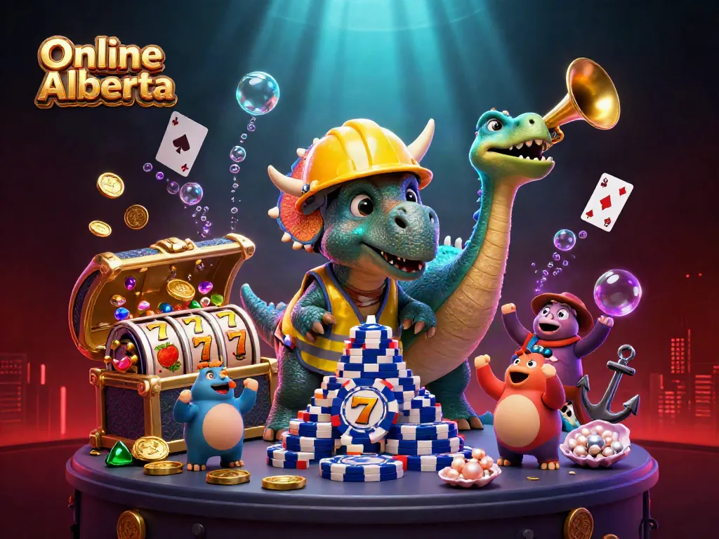Experience thrilling moments in Online Casino Alberta with this vibrant 3D illustration of dynamic characters and games.
