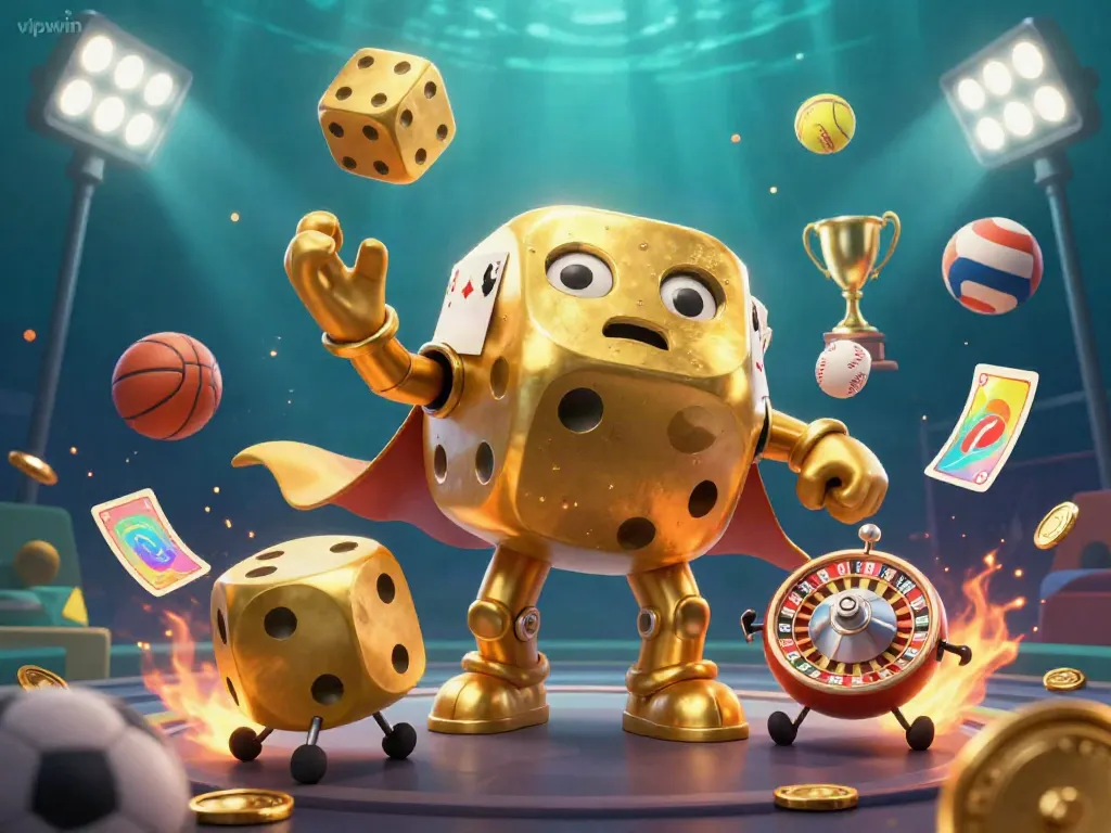 Join the action with vipwwin as the golden dice golem juggles in a vibrant casino scene full of dynamic elements.