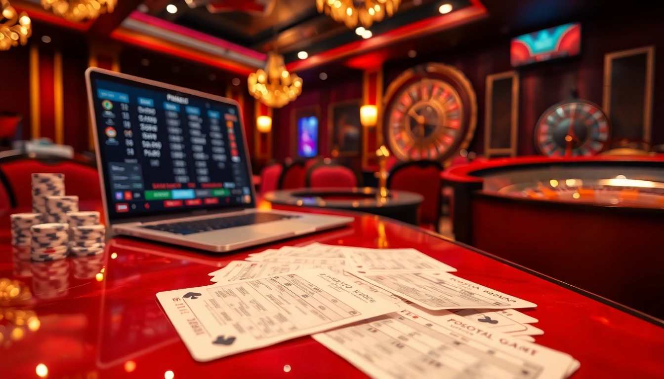 Engaging football betting scene illustrating เทคนิคแทงบอล with betting slips and casino ambience.