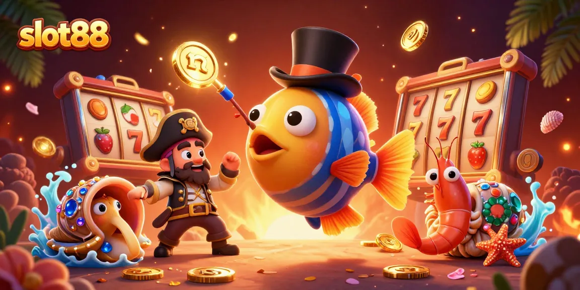 Bermain slot88 dengan karakter unik berupa ikan angler dalam topi, udang bajak laut, dan siput berisi harta karun.