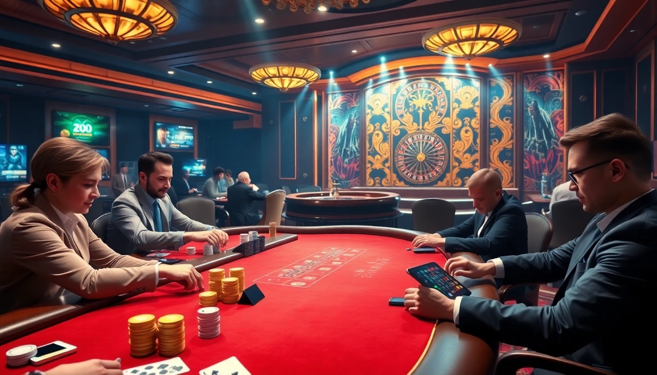 ZBET players enjoying intense card games at a vibrant online casino atmosphere.