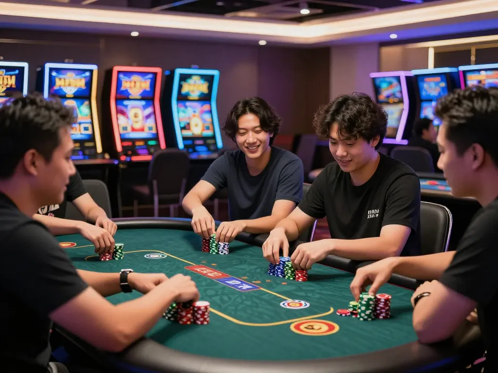 Exciting casino scene with players celebrating wins at gaming tables, showcasing link gacor opportunities for big wins.