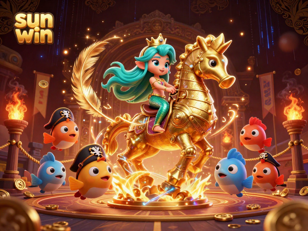 Engage in thrilling gaming at sun win, a vibrant 3D illustration of a mermaid princess navigating a magical casino realm.