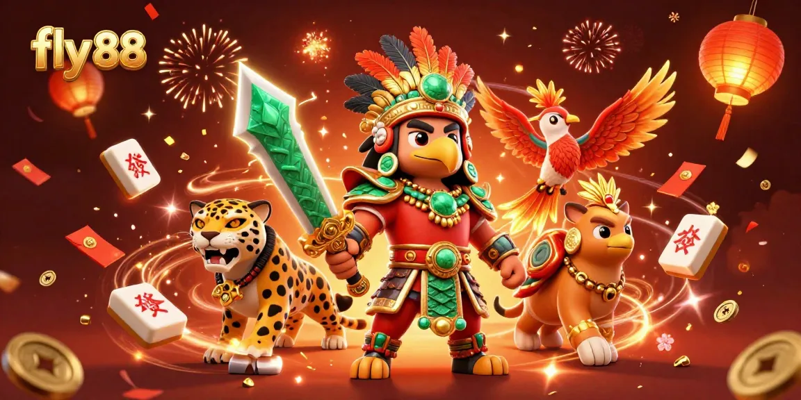 Engage with the thrilling world of fly 88 as the Aztec warrior and jaguar companion celebrate amidst vibrant gaming elements.