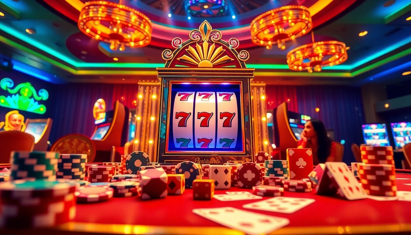 Players enjoying slot apiraja88, enticed by colorful slots and vibrant casino atmosphere.
