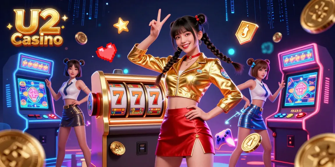 Experience the excitement of U2 Casino with vibrant slot reels and a joyful character.