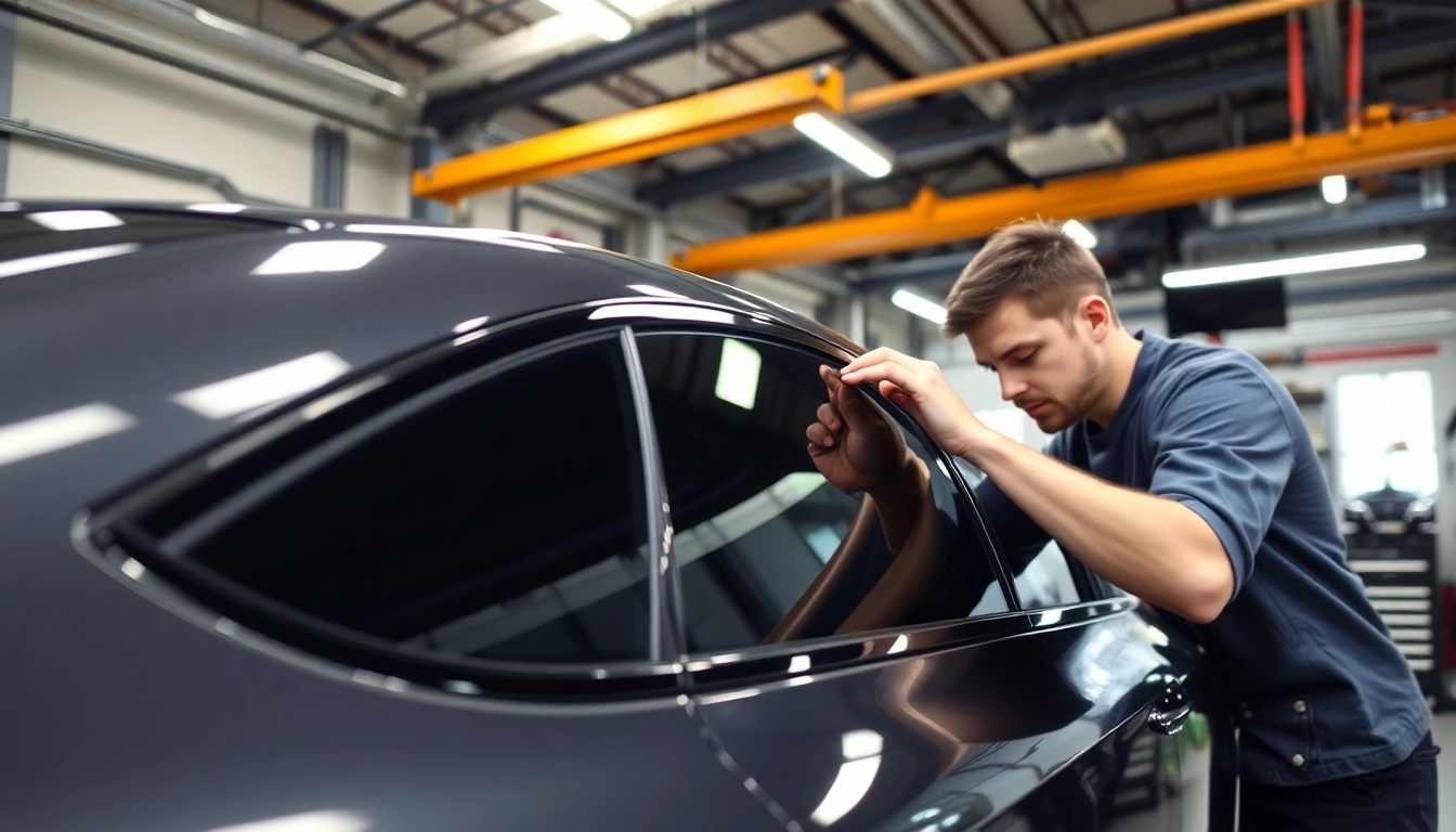Application of ceramic window tint on a modern vehicle in a professional setting.