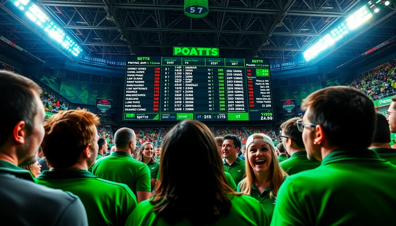 Engaged bettors analyzing odds in a lively sports betting environment showcasing online Betting.