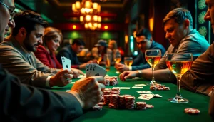 Engage in a thrilling Poker Game at a lively casino table filled with intense focus and strategic play.