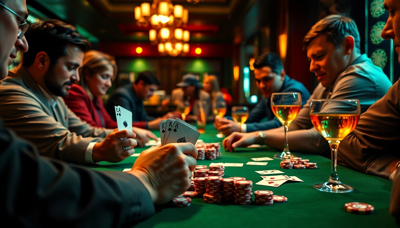 Engage in a thrilling Poker Game at a lively casino table filled with intense focus and strategic play.