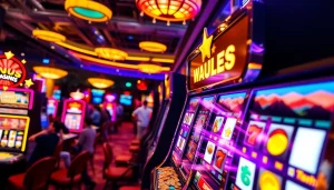 Slot Game dengan mesin slot cerah dan pemain bersemangat di kasino.