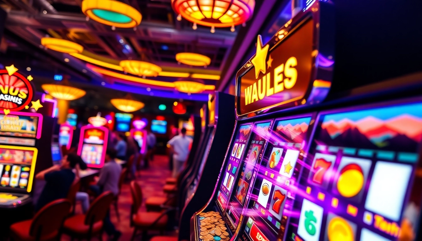 Slot Game dengan mesin slot cerah dan pemain bersemangat di kasino.