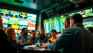 Engage in Sports Betting at a vibrant sportsbook with live odds and enthusiastic bettors.