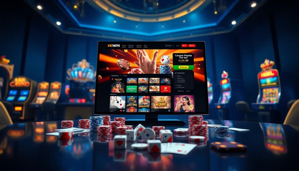 Engaging scene showcasing Nhà Cái KKWIN's online casino, featuring vibrant gaming tables and colorful poker chips.