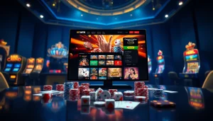 Engaging scene showcasing Nhà Cái KKWIN's online casino, featuring vibrant gaming tables and colorful poker chips.