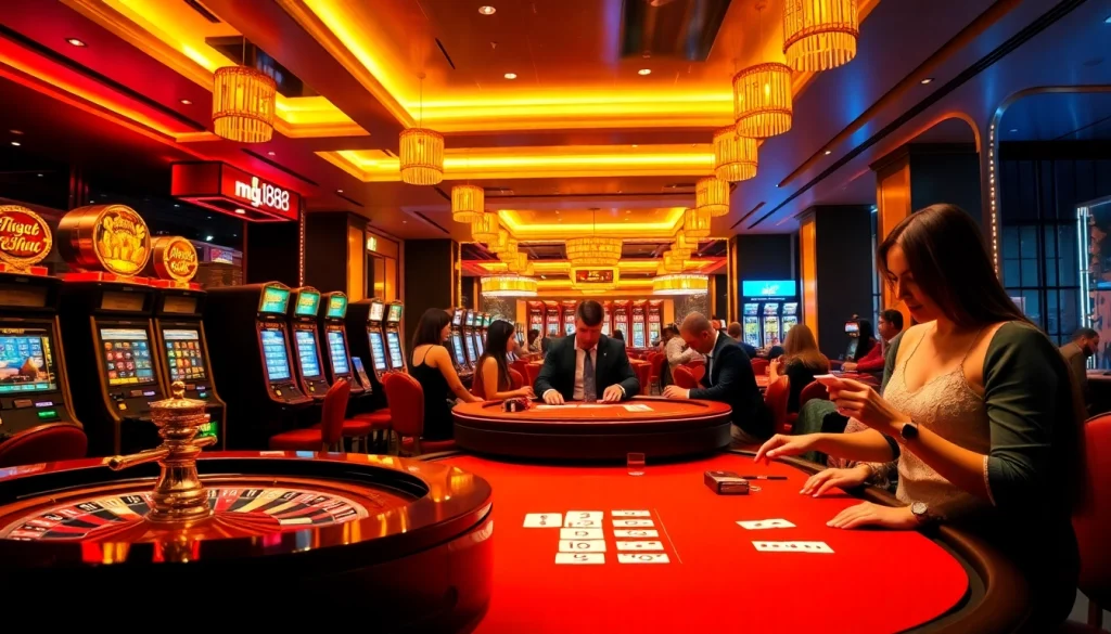 Excited players enjoying a luxurious casino experience at mg188, showcasing vibrant slot machines and strategic table games.