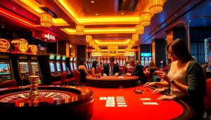 Excited players enjoying a luxurious casino experience at mg188, showcasing vibrant slot machines and strategic table games.