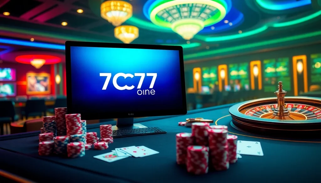 The excitement of playing at 7C77 one with vibrant poker chips, playing cards, and a stylish online casino interface.