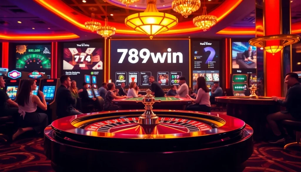 Players celebrating a win at 789win with vibrant casino games and roulette tables.