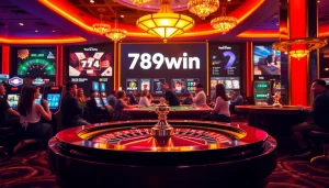 Players celebrating a win at 789win with vibrant casino games and roulette tables.
