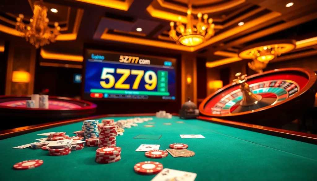 Engaging poker action at a luxurious casino table showcasing 5Z7779 com elements.