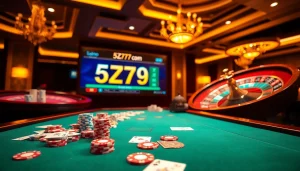 Engaging poker action at a luxurious casino table showcasing 5Z7779 com elements.
