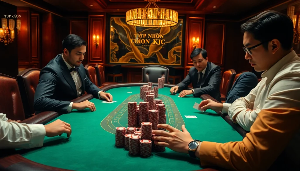 TẬP ĐOÀN KJC engages players at an exclusive poker table in a luxurious casino atmosphere.